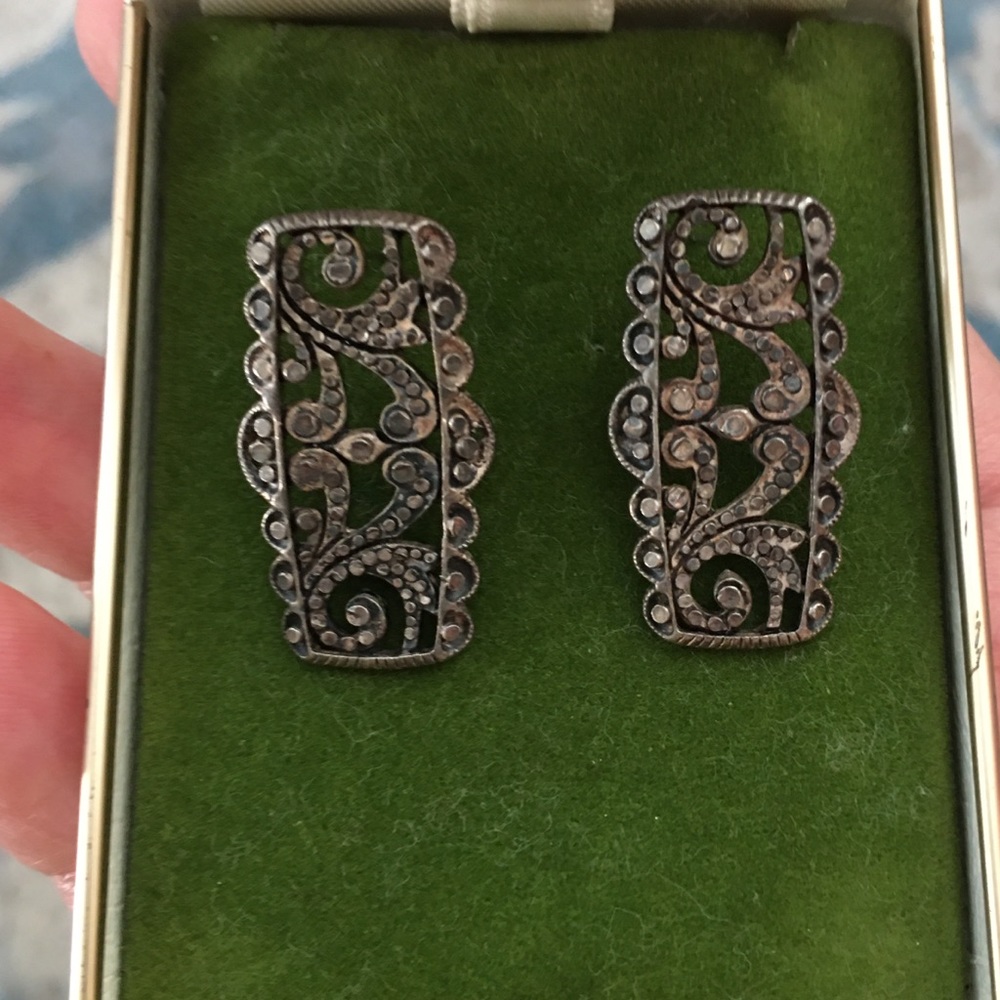 Antique Solid Sterling Silver Marcasite Large Ear… - image 5